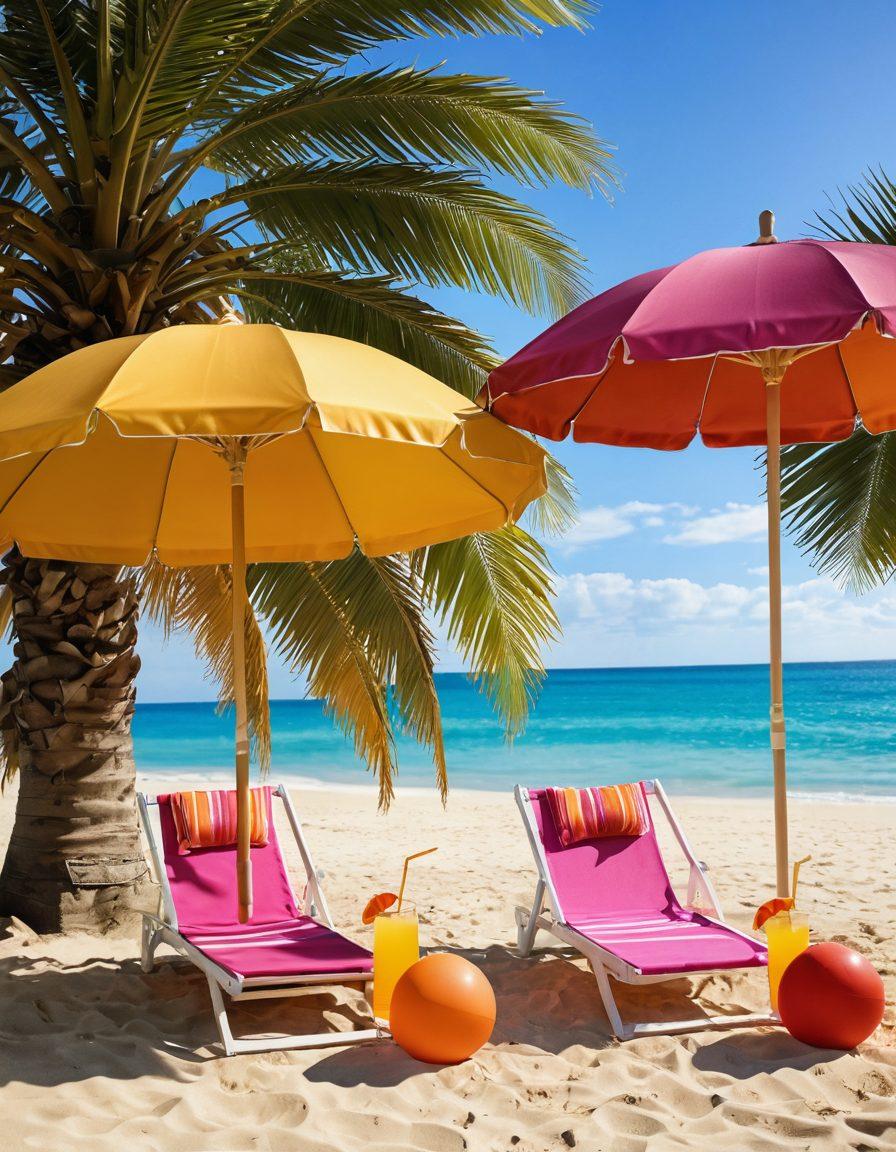 A vibrant beach scene showcasing diverse mamasitas in trendy bikinis, lounging under colorful umbrellas, with beach balls and tropical drinks. Include stylish beachwear accessories like wide-brimmed hats and sunglasses. The sun is setting, casting a warm golden glow over the sand, creating a fun and lively atmosphere. Capture the joyful spirit of summer relaxation and style. super-realistic. vibrant colors. tropical theme.