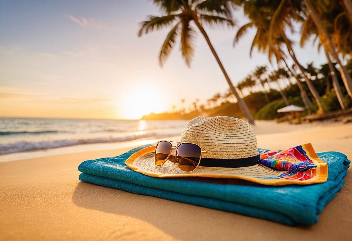 A vibrant beach scene showcasing a stylish sun hat, chic sunglasses, and a colorful beach towel arranged on warm golden sand. In the background, crystal-clear waves and palm trees sway gently, while a playful summer sunset casts a warm glow over the entire setting. Accentuate the joyful summer vibe with the presence of beachgoers enjoying their getaway. bright colors. tropical theme. super-realistic.