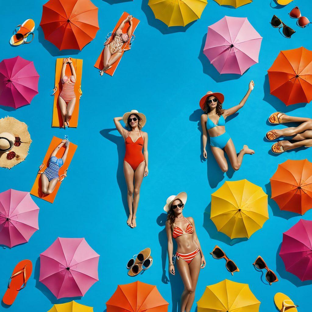 A vibrant beach scene showcasing a diverse group of individuals flaunting various styles of swimwear, including monokinis and vintage bikinis. Bright sun, clear blue waters, and colorful beach umbrellas in the background create a lively atmosphere. Incorporate fashionable accessories like sunglasses and beach hats, and a sense of joy and confidence among the models. Use a warm color palette to evoke summer vibes. super-realistic. vibrant colors. white background.